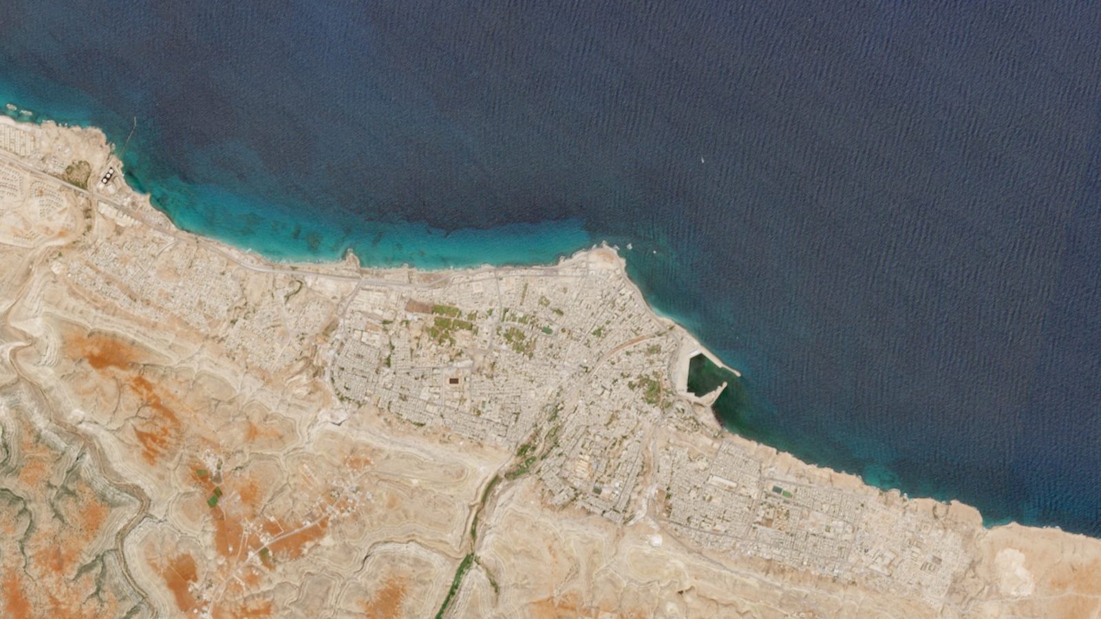 Wadi Derna and the city before the flood, Sentinel-2 true colour, 7 September 2023