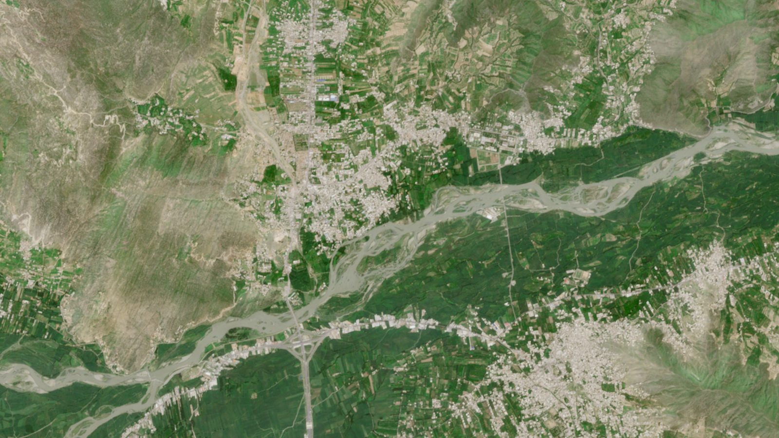 Swat valley at Chakdara before the flood, Sentinel-2 true colour, 13 August 2022